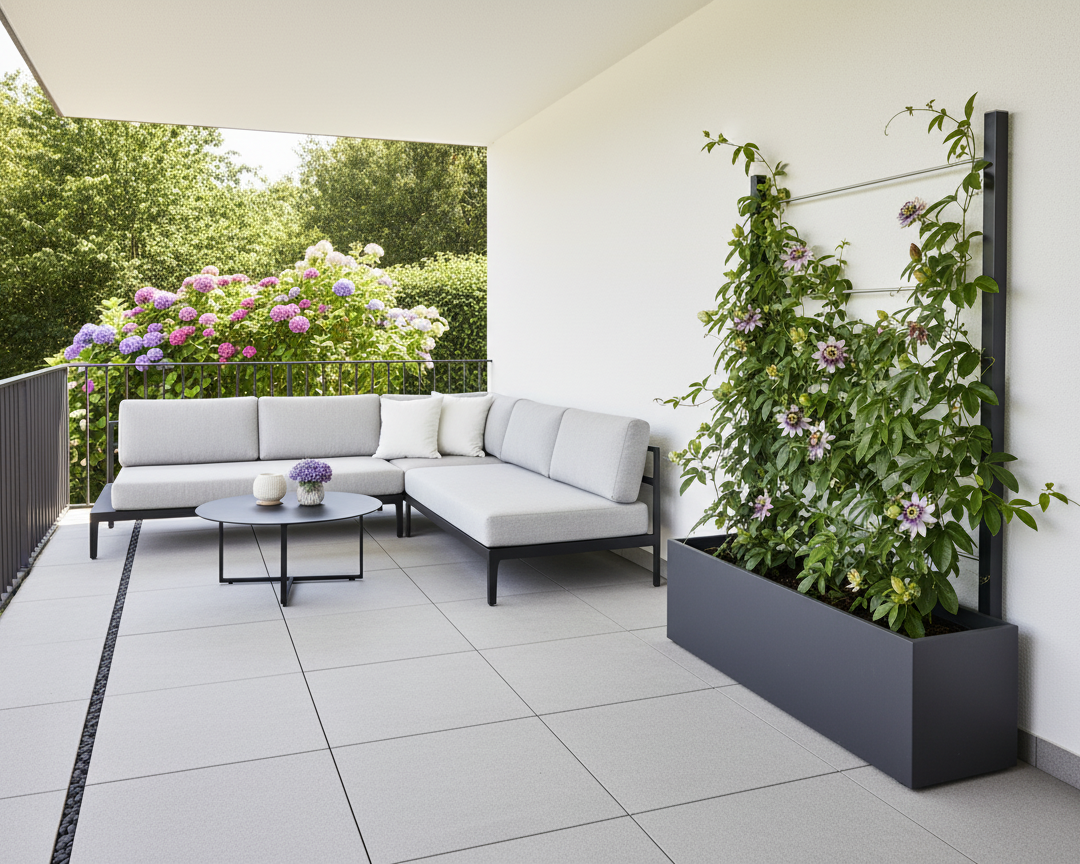 Moderner Balkon mit einer Rankhilfe im Topf an der Pflanzen wachsen