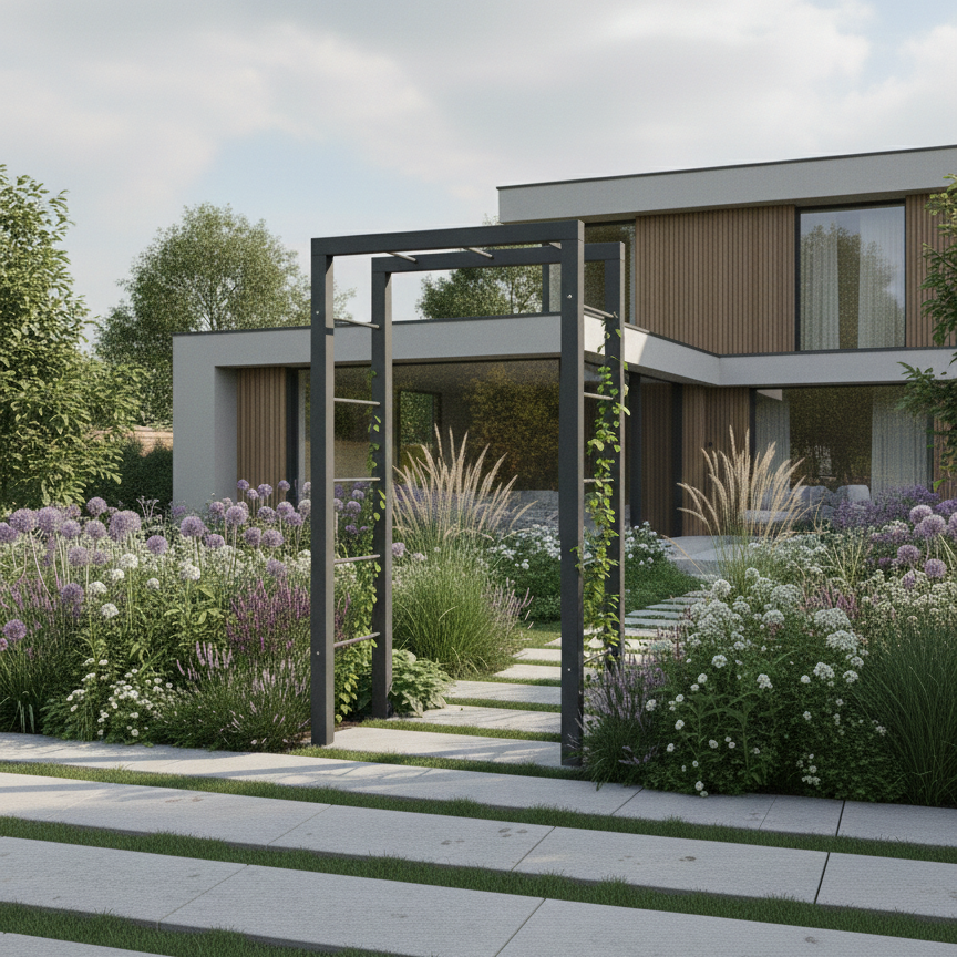 Ein Rosenbogen im modernen Garten