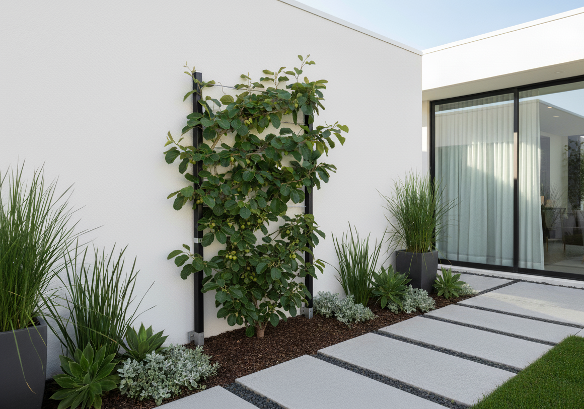 Kiwi an einer Rankhilfe im modernen Garten