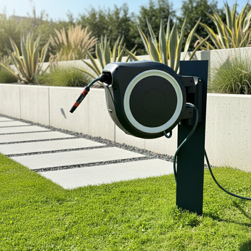 Eine Säule an der eine Gardena Schlauchbox hängt