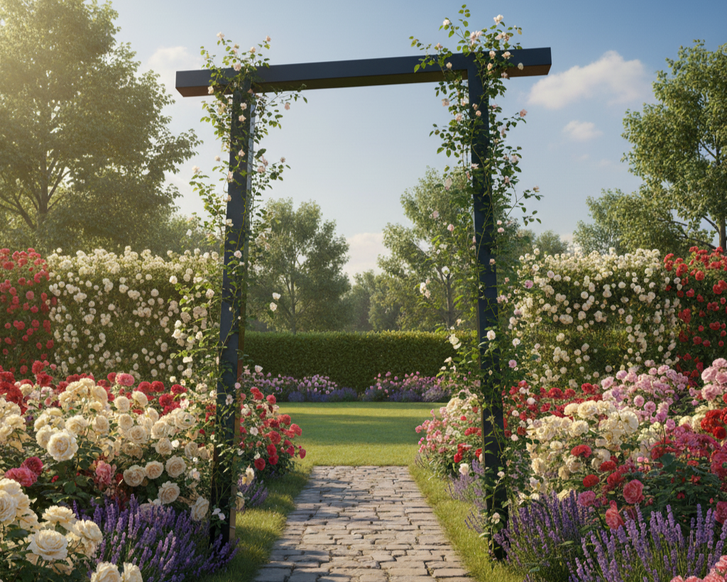 Ein Trobogen mit Rosen bewachsen im Garten