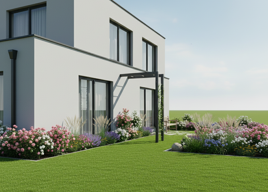 Rosenbogen im Garten an einer Hauswand