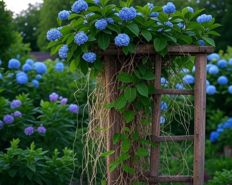 rankhilfe Kletterhortensie an einer Rankhilfe aus Holz